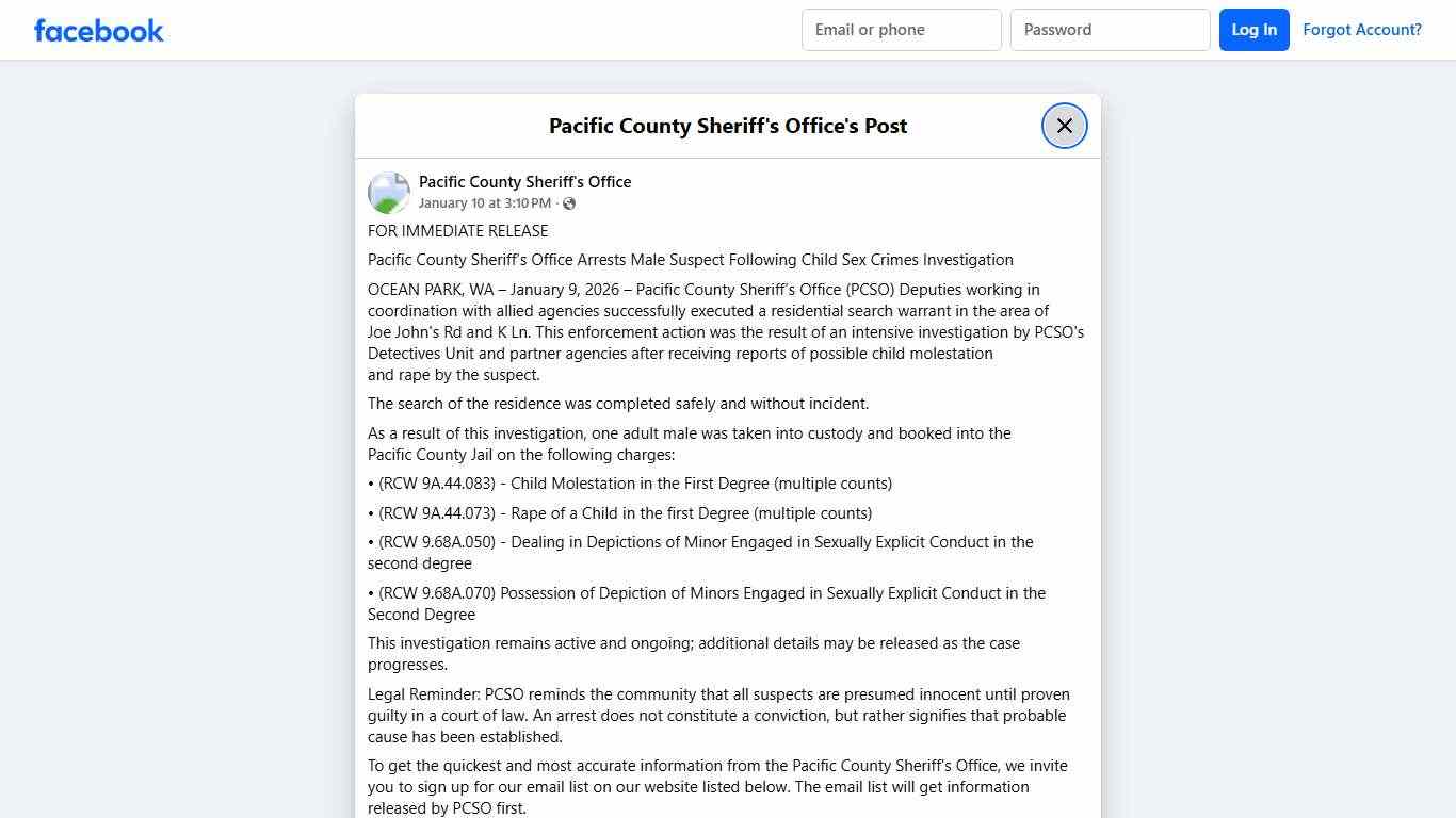 FOR IMMEDIATE RELEASE... - Pacific County Sheriff's Office | Facebook